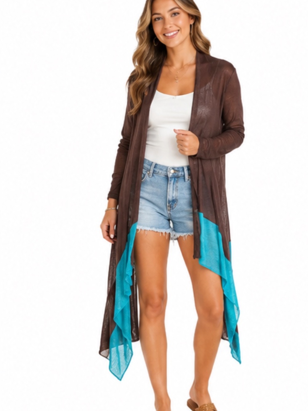 Ronit Zilkha Linen Waterfall Cardigan SZ L in Brown & Teal